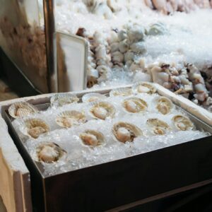 A vibrant seafood market display featuring fresh scallops on ice, capturing the essence of Bangkok's culinary scene.